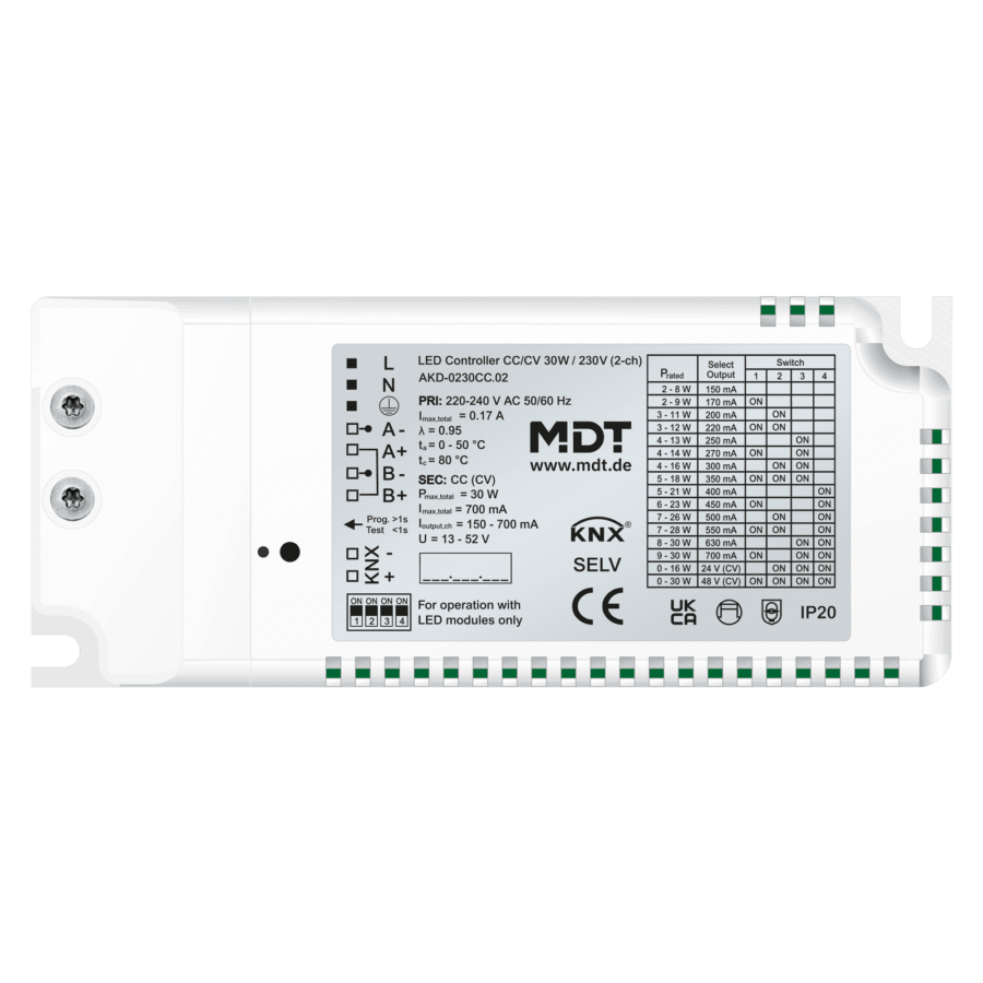 MDT-AKD-0230CC: KNX LED Controller CC/CV 30 W / 230 V 2-Channel