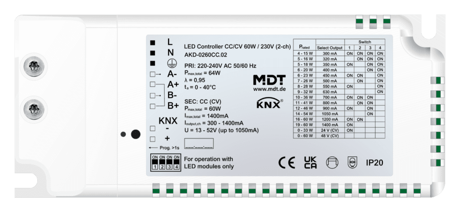 MDT-AKD-0260CC: KNX LED Controller CC/CV 60 W / 230 V 2-Channel