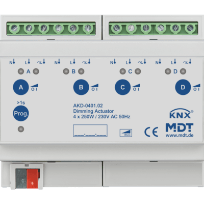 MDT-AKD-0401: KNX Dimming Actuator 4-channel, 6 SU MDRC, 250 W, 230 V AC, with effective power measurement