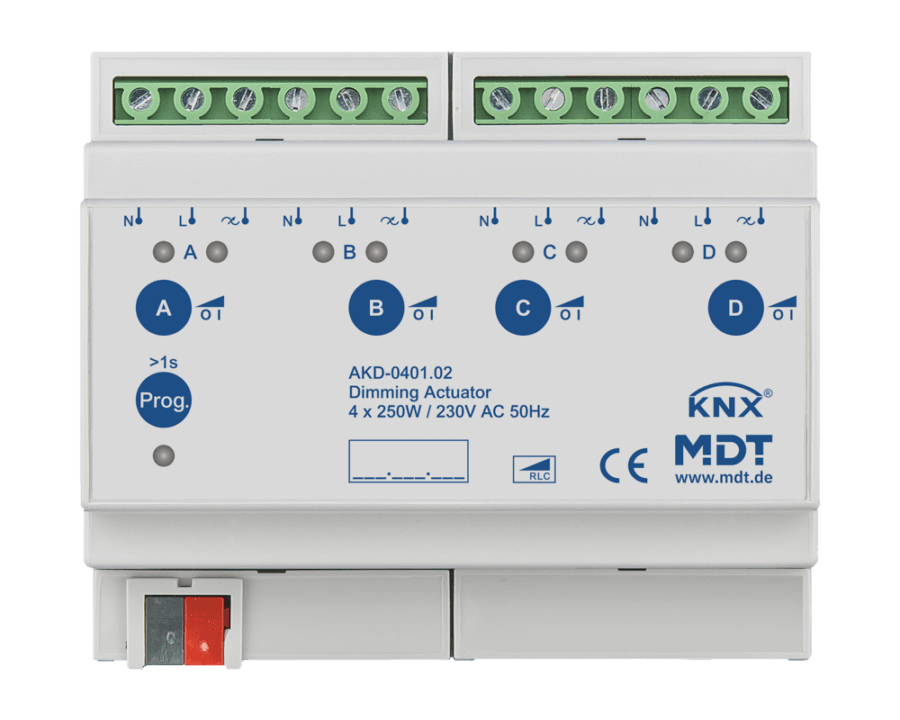 MDT-AKD-0401: KNX Dimming Actuator 4-channel, 6 SU MDRC, 250 W, 230 V AC, with effective power measurement
