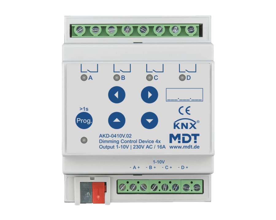 MDT- AKD-0410V: KNX Dimming Actuator 4-channel, 4 SU MDRC, 1 - 10 V, RGBW