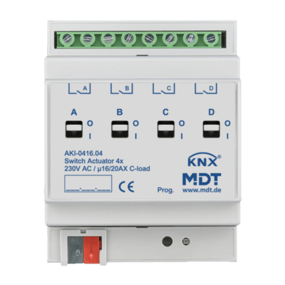 MDT-AKI-0416.04: KNX Switch Actuator 4-channel, 4 SU MDRC, 16/20 A, 230 V AC, C-load, industry, 200 μF