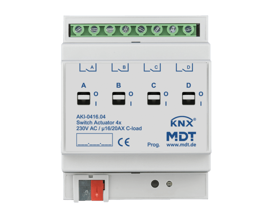 MDT-AKI-0416.04: KNX Switch Actuator 4-channel, 4 SU MDRC, 16/20 A, 230 V AC, C-load, industry, 200 μF