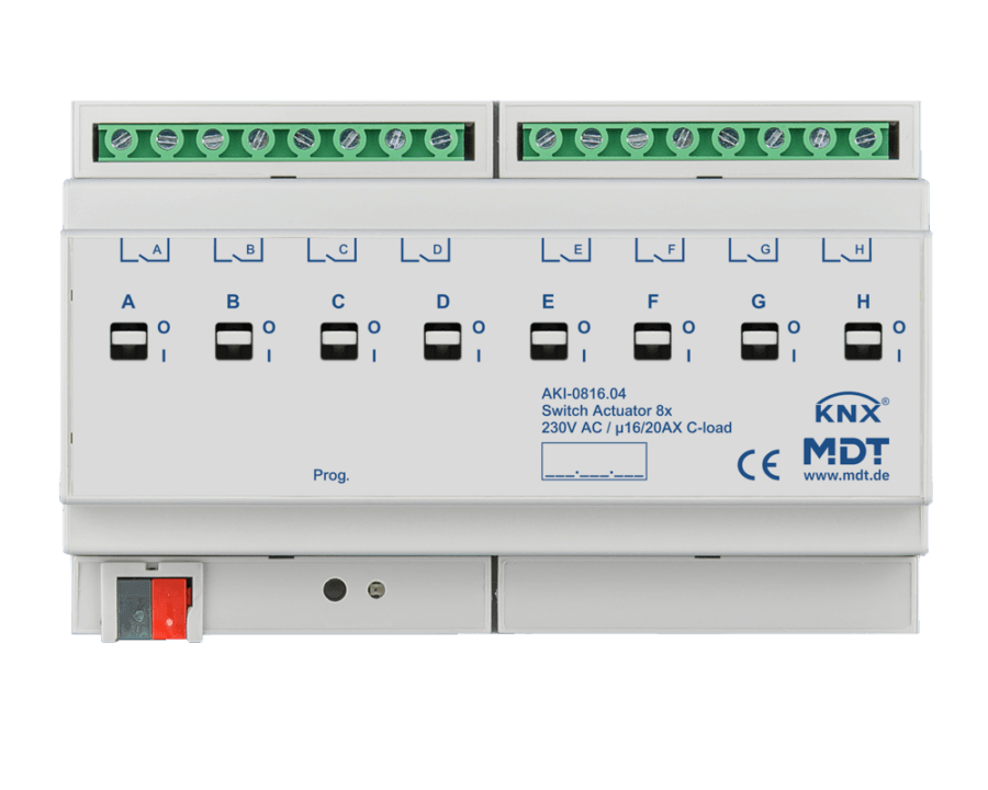 MDT-AKI-0816.04: KNX Switch Actuator 8-channel, 8 SU MDRC, 16/20 A, 230 V AC, C-load, industry, 200 μF