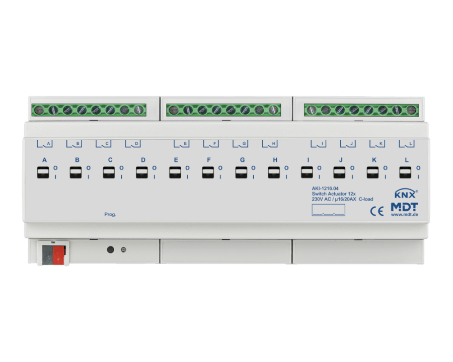MDT-AKI-1216: KNX Switch Actuator 12-channel, 12 SU MDRC, 16/20 A, 230 V AC, C-load, industry, 200 μF