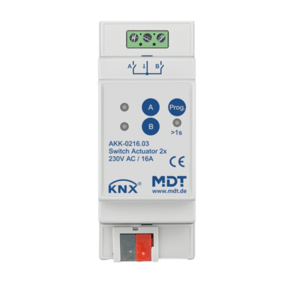 MDT- AKK-0216: KNX Switch Actuator 2-channel, 2 SU MDRC, 16 A, 230 V AC, compact, 70 µF, 10 ECG