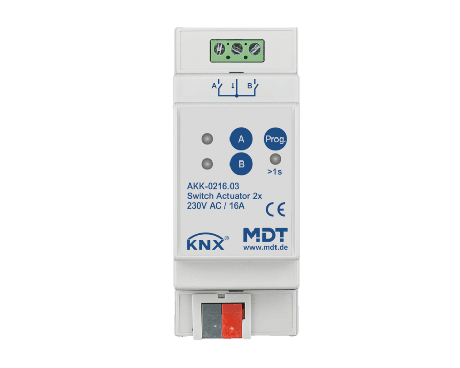 MDT- AKK-0216: KNX Switch Actuator 2-channel, 2 SU MDRC, 16 A, 230 V AC, compact, 70 µF, 10 ECG