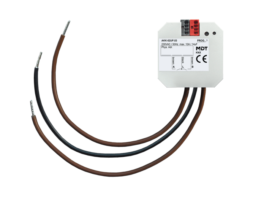 MDT-AKK-02UP: KNX Switch Actuator 2-channel, flush mounted, 10 A, 14 µF, 2ECG, 230 V AC, Compact
