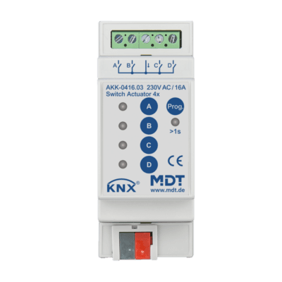MDT-AKK-0416: KNX Switch Actuator 4-channel, 2 SU MDRC, 16 A, 230 V AC, compact, 70 µF, 10 ECG
