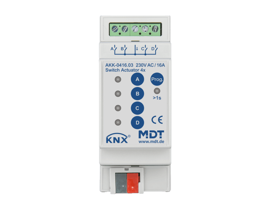MDT-AKK-0416: KNX Switch Actuator 4-channel, 2 SU MDRC, 16 A, 230 V AC, compact, 70 µF, 10 ECG