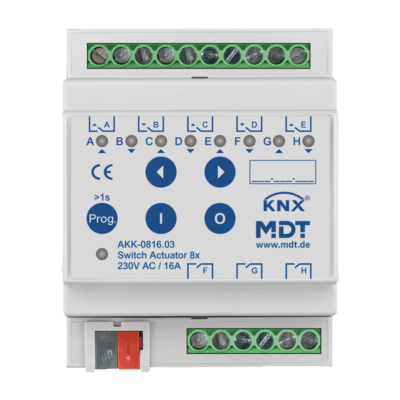 MDT-AKK-0816: KNX Switch Actuator 8-channel, 4 SU MDRC, 16 A, 230 V AC, compact, 70 µF, 10 ECG