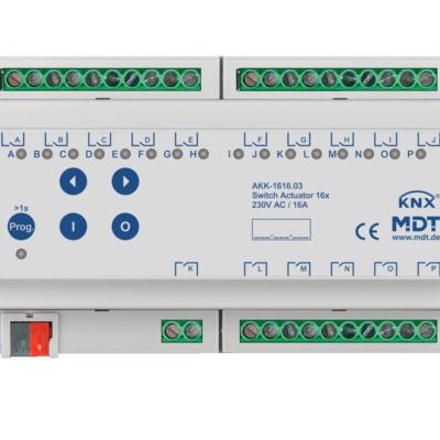 MDT-AKK-1616: KNX Switch Actuator 16-channel, 8 SU MDRC, 16 A, 230 V AC, compact, 70 µF, 10 ECG