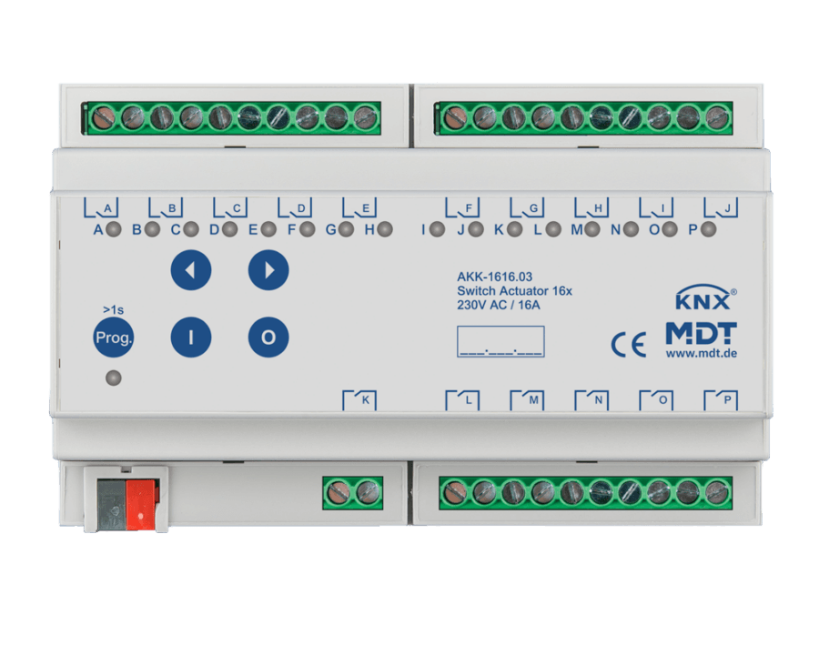 MDT-AKK-1616: KNX Switch Actuator 16-channel, 8 SU MDRC, 16 A, 230 V AC, compact, 70 µF, 10 ECG