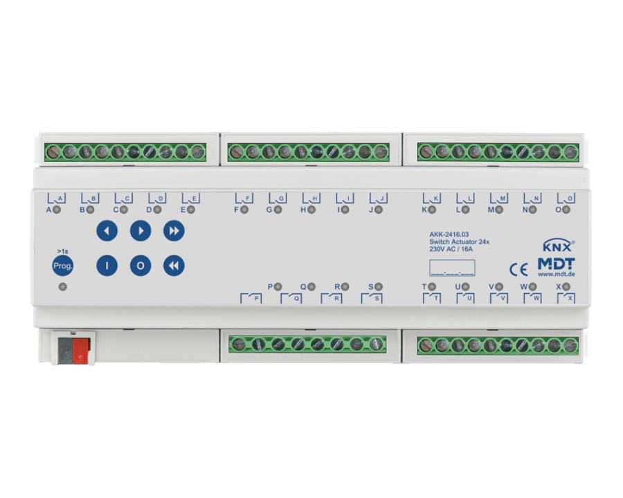 MDT-AKK-2416: KNX Switch Actuator 24-channel, 12 SU MDRC, 16 A, 230 V AC, compact, 70 µF, 10 ECG