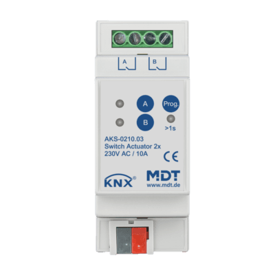 MDT-AKS-0210: KNX Switch Actuator 2-channel, 2 SU MDRC, 10 A, 230 V AC, C-load, standard, 140 μF
