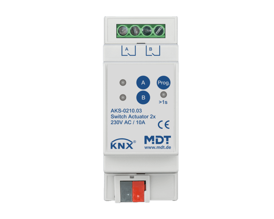 MDT-AKS-0210: KNX Switch Actuator 2-channel, 2 SU MDRC, 10 A, 230 V AC, C-load, standard, 140 μF
