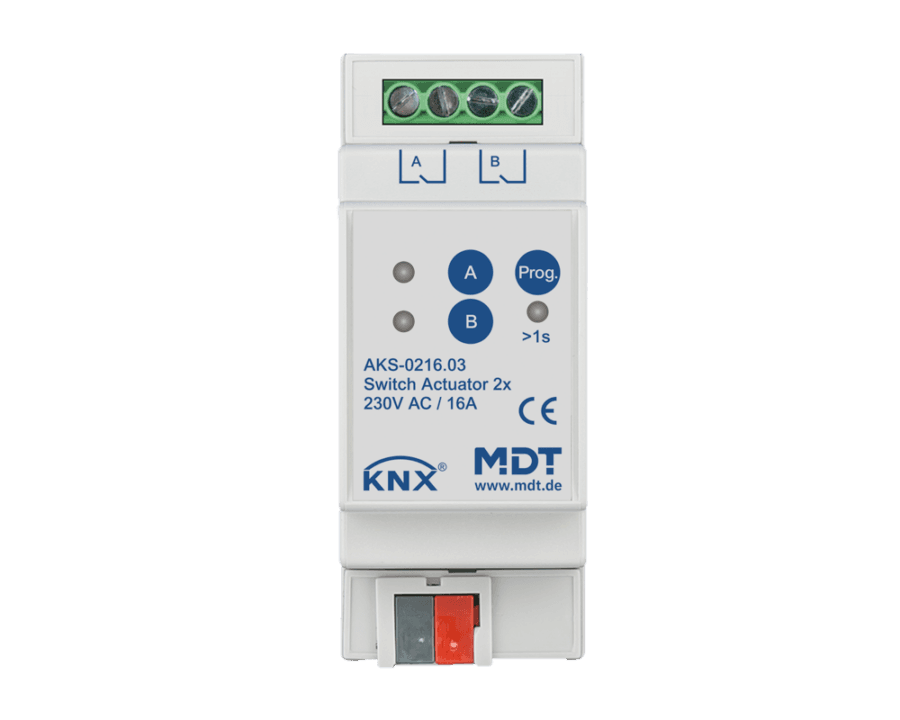 MDT-AKS-0216: KNX Switch Actuator 2-channel, 2 SU MDRC, 16 A, 230 V AC, C-load, standard, 140 μF
