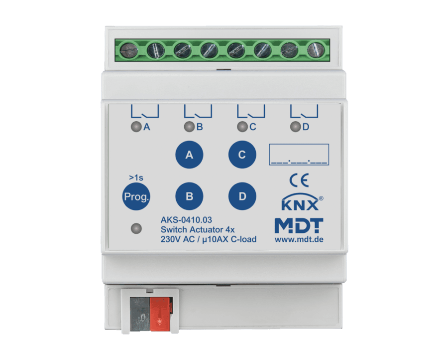 MDT-AKS-0410: KNX Switch Actuator 4-channel, 4 SU MDRC, 10 A, 230 V AC, C-load, standard, 140 μF