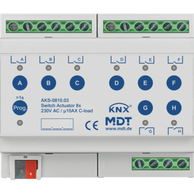 MDT-AKS-0810: KNX Switch Actuator 8-channel, 6 SU MDRC, 10 A, 230 V AC, C-load, standard, 140 μF