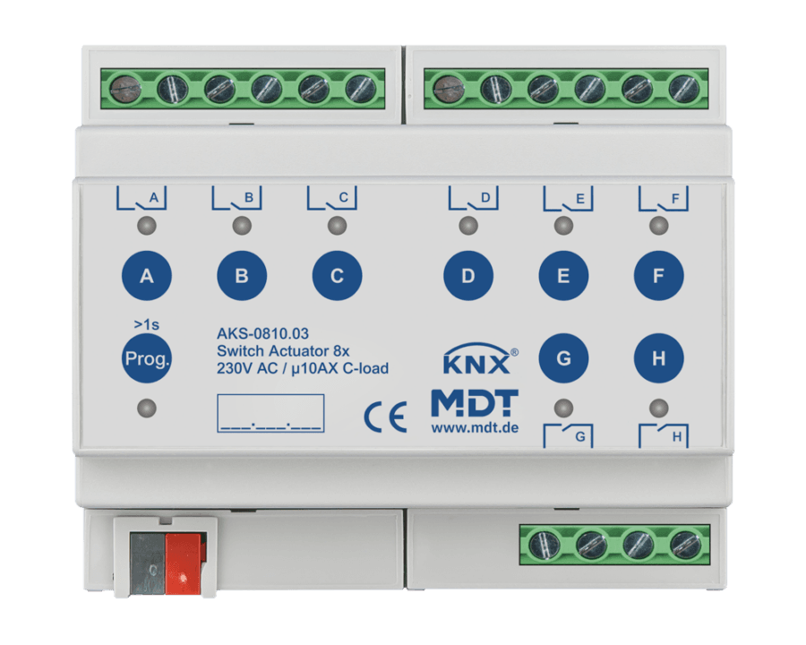 MDT-AKS-0810: KNX Switch Actuator 8-channel, 6 SU MDRC, 10 A, 230 V AC, C-load, standard, 140 μF