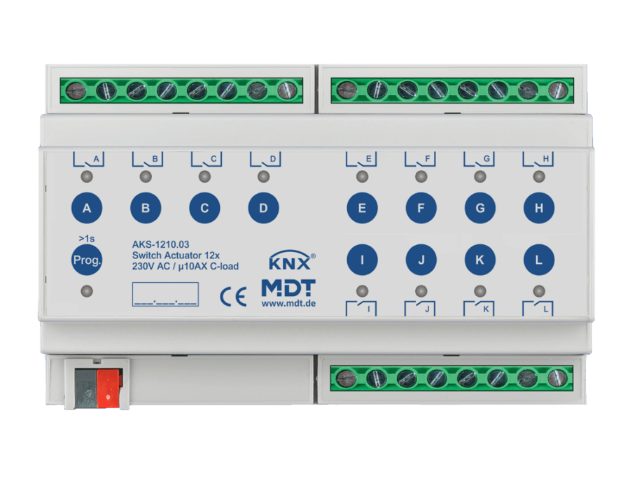 MDT-AKS-1210: KNX Switch Actuator 12-channel, 8 SU MDRC, 10 A, 230 V AC, C-load, standard, 140 μF
