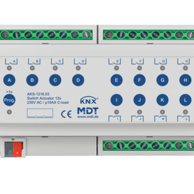 MDT-AKS-1216: KNX Switch Actuator 12-channel, 8 SU MDRC, 16 A, 230 V AC, C-load, standard, 140 μF