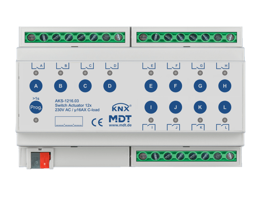 MDT-AKS-1216: KNX Switch Actuator 12-channel, 8 SU MDRC, 16 A, 230 V AC, C-load, standard, 140 μF