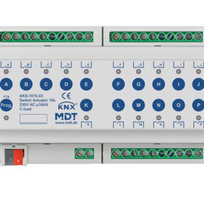 MDT-AKS-1616: KNX Switch Actuator 16-channel, 8 SU MDRC, 16 A, 230 V AC, C-load, standard, 140 µF