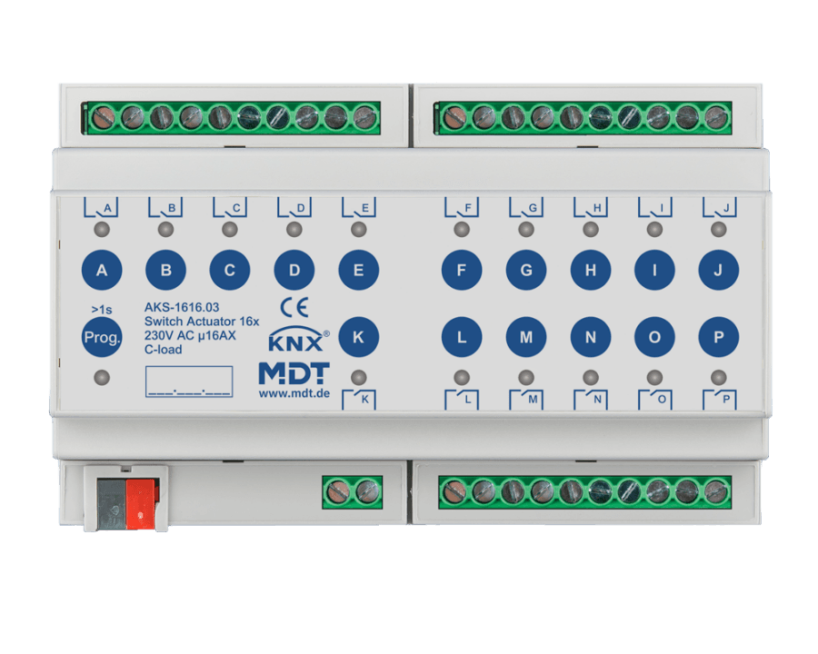 MDT-AKS-1616: KNX Switch Actuator 16-channel, 8 SU MDRC, 16 A, 230 V AC, C-load, standard, 140 µF