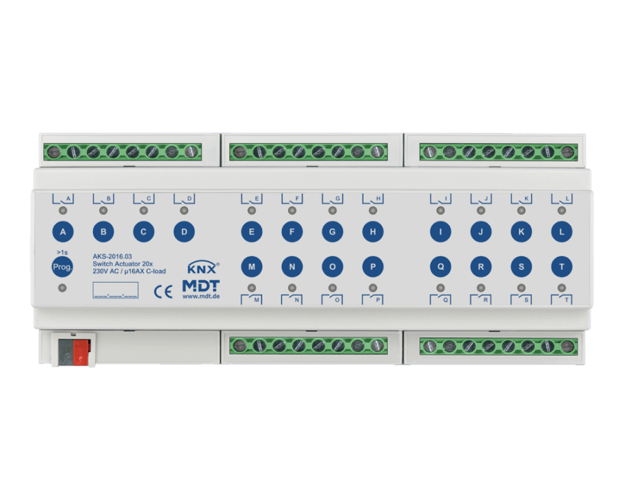 MDT-AKS-2016: KNX Switch Actuator 20-channel, 12 SU MDRC, 16 A, 230 V AC, C-load, standard, 140 μF