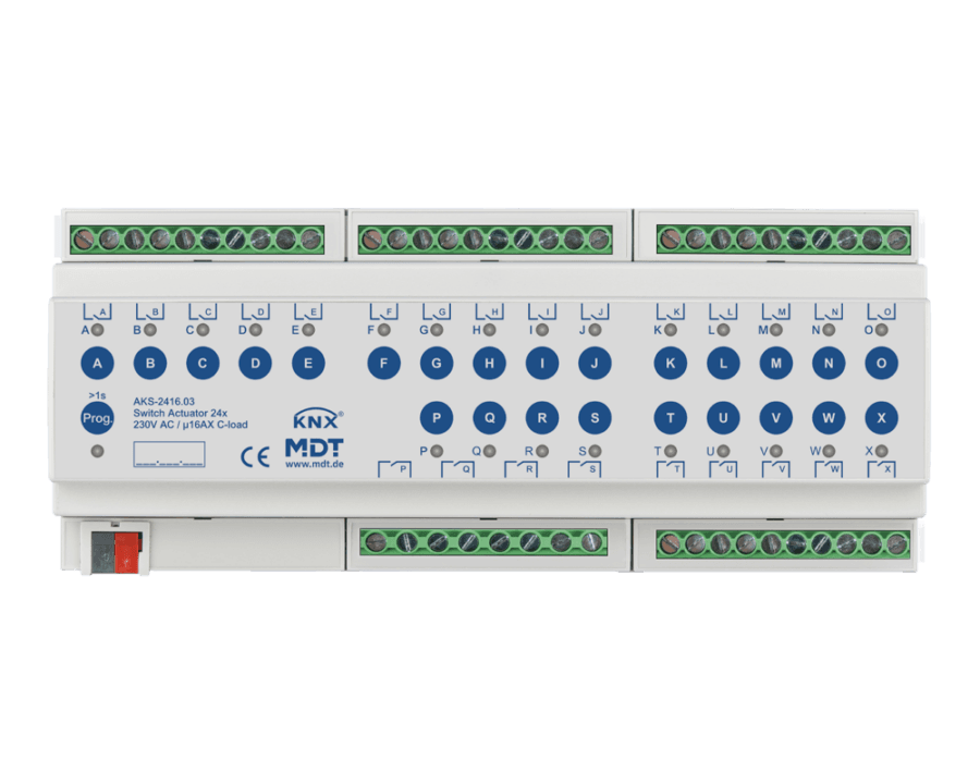 MDT-AKS-2416: KNX Switch Actuator 24-channel, 12 SU MDRC, 16 A, 230 V AC, C-load, standard, 140 μF