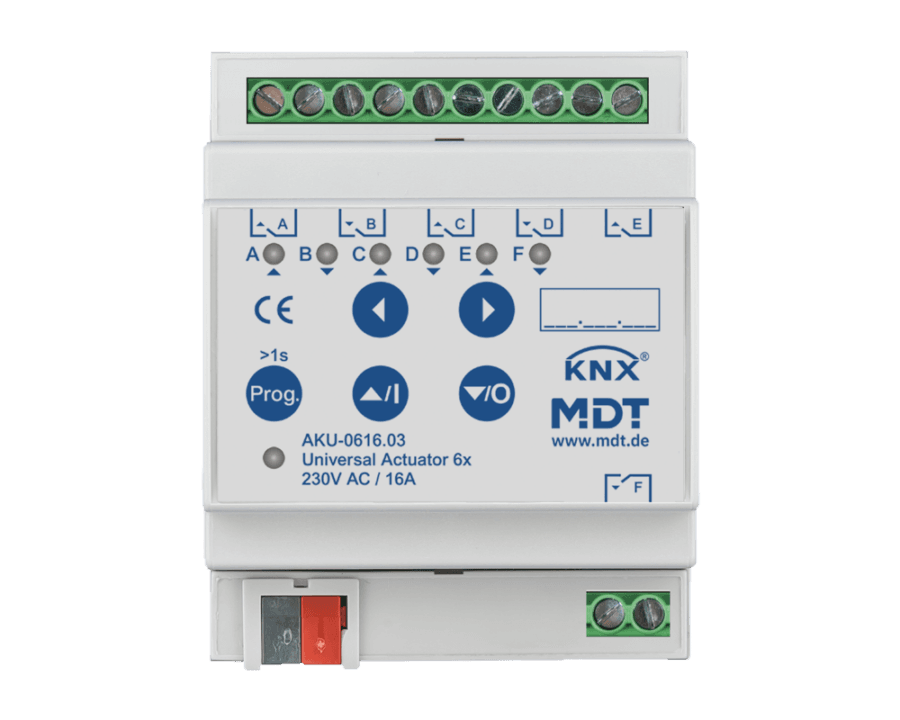 MDT-AKU-0616: KNX Universal Actuator 6-channel, 4 SU MDRC, 16 A, 230 V AC, 100 μF, 15 ECG