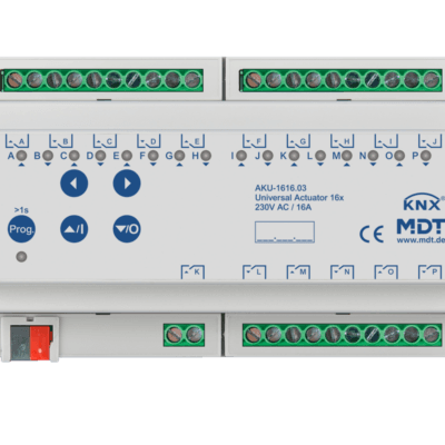 MDT-AKU-1616: KNX Universal Actuator 16-channel, 8 SU MDRC, 16 A, 230 V AC, 100 μF, 15 ECG