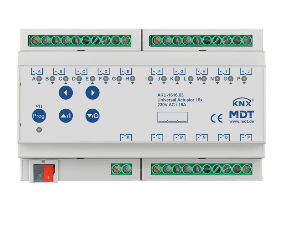 MDT-AKU-1616: KNX Universal Actuator 16-channel, 8 SU MDRC, 16 A, 230 V AC, 100 μF, 15 ECG