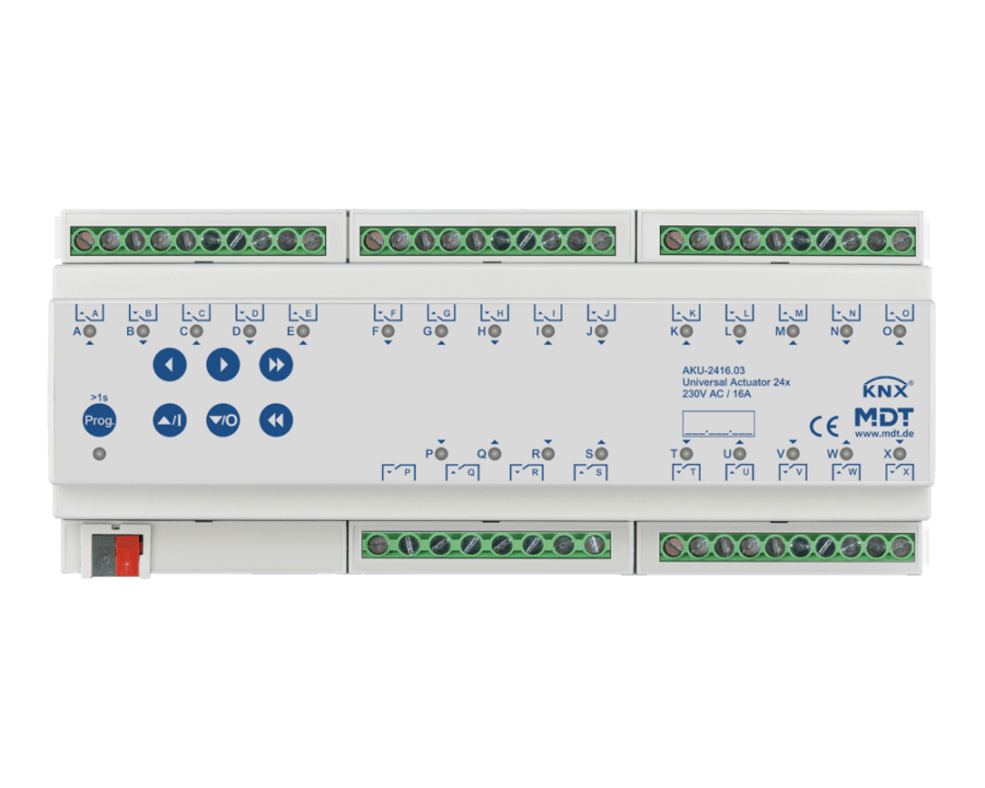 MDT-AKU-2416: KNX Universal Actuator 24-channel, 8 SU MDRC, 16 A, 230 V AC, 100 μF, 15 ECG