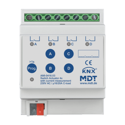 MDT-AMI-0416: KNX Switch Actuator 4-channel, 4 SU MDRC, 16/20 A, 230 V AC, C-load, industry, 200 μF, current measurement