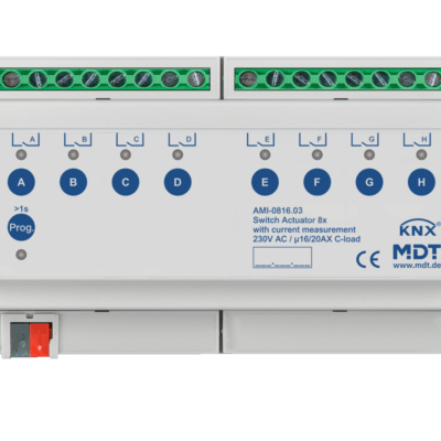 MDT-AMI-0816: KNX Switch Actuator 8-channel, 8 SU MDRC, 16/20 A, 230 V AC, C-load, industry, 200 μF, current measurement