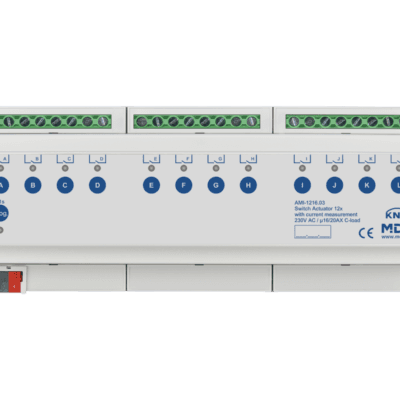 MDT-AMI-1216: KNX Switch Actuator 12-channel, 12 SU MDRC, 16/20 A, 230 V AC, C-load, industry, 200 μF, current measurement