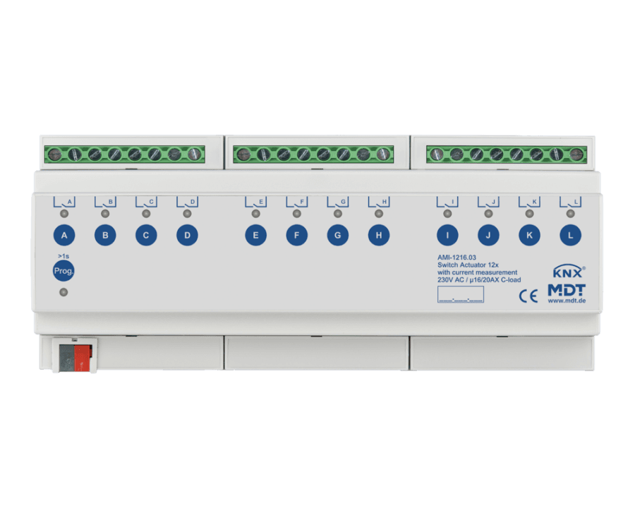 MDT-AMI-1216: KNX Switch Actuator 12-channel, 12 SU MDRC, 16/20 A, 230 V AC, C-load, industry, 200 μF, current measurement