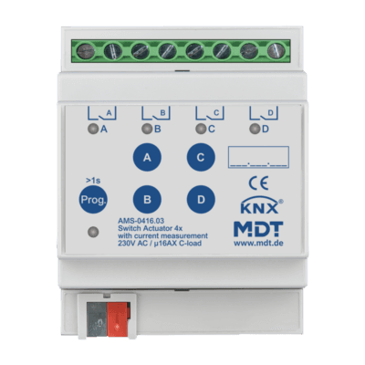 MDT-AMS-0416: KNX Switch Actuator 4-channel, 4 SU MDRC, 16 A, 230 V AC, C-load, standard, 140 μF, current measurement
