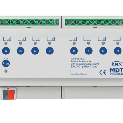 MDT-AMS-0816: KNX Switch Actuator 8-channel, 8 SU MDRC, 16 A, 230 V AC, C-load, standard, 140 μF, current measurement