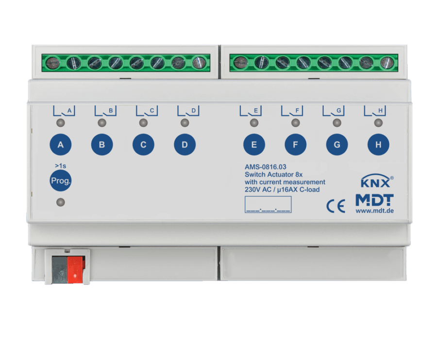 MDT-AMS-0816: KNX Switch Actuator 8-channel, 8 SU MDRC, 16 A, 230 V AC, C-load, standard, 140 μF, current measurement