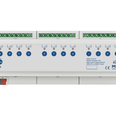 MDT-AMS-1216: KNX Switch Actuator 12-channel, 12 SU MDRC, 16 A, 230 V AC, C-load, standard, 140 μF, current measurement