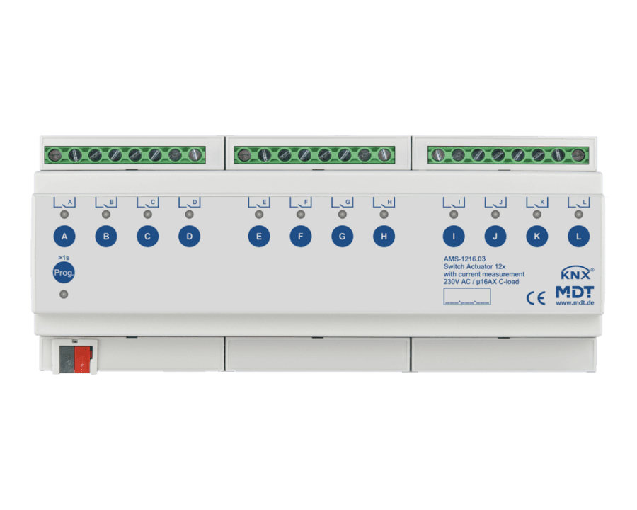 MDT-AMS-1216: KNX Switch Actuator 12-channel, 12 SU MDRC, 16 A, 230 V AC, C-load, standard, 140 μF, current measurement