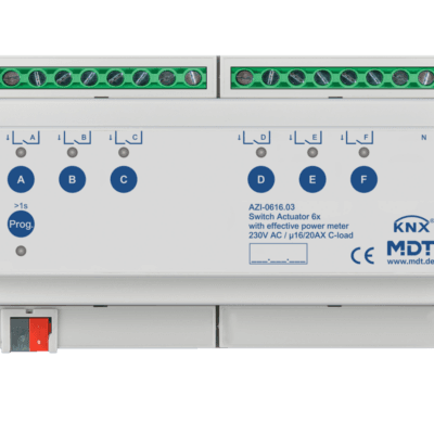 MDT-AZI-0616: KNX Switch Actuator 6-channel, 8 SU MDRC, 16/20 A, 230 V AC, C-load, 200µF, effective power measurement