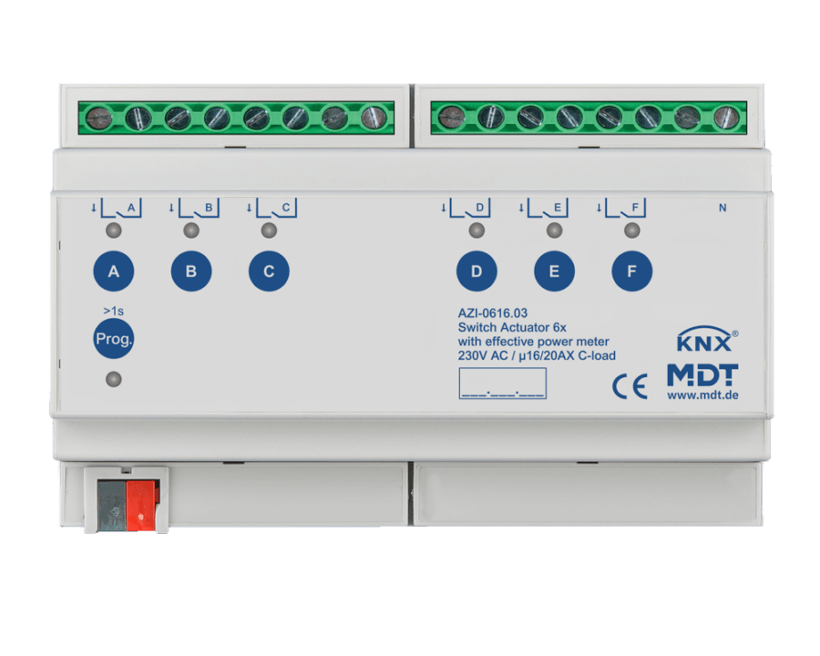 MDT-AZI-0616: KNX Switch Actuator 6-channel, 8 SU MDRC, 16/20 A, 230 V AC, C-load, 200µF, effective power measurement