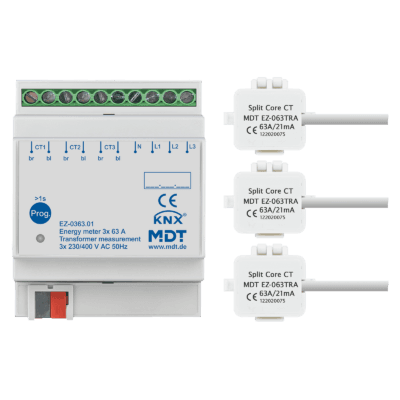 MDT-EZ-0363: KNX Energy meter 3-channel 63 A, transformer measurement, 4 SU MDRC, 230/400 V AC