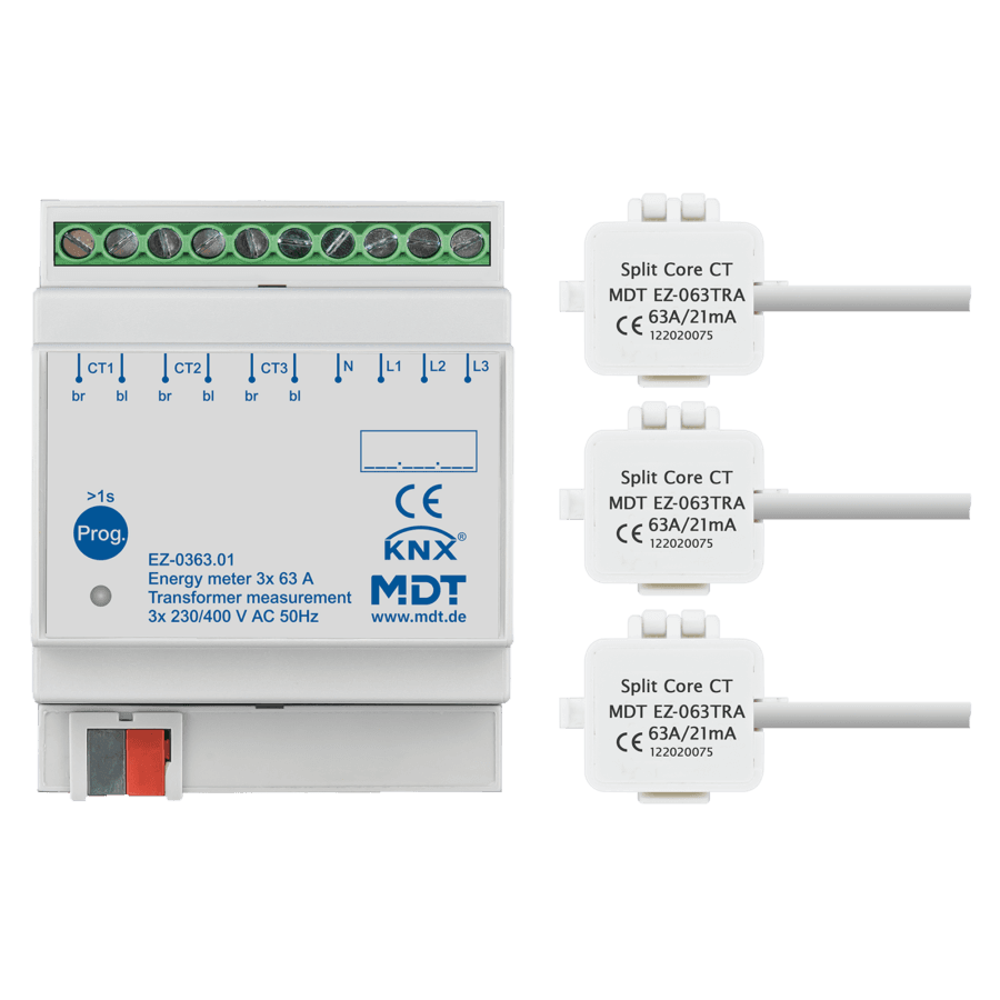 MDT-EZ-0363: KNX Energy meter 3-channel 63 A, transformer measurement, 4 SU MDRC, 230/400 V AC