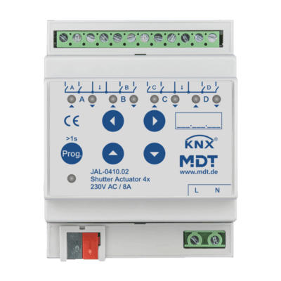 MDT-JAL-0410: KNX Shutter Actuator 4-channel, 4 SU MDRC, 8 A, 230 V AC