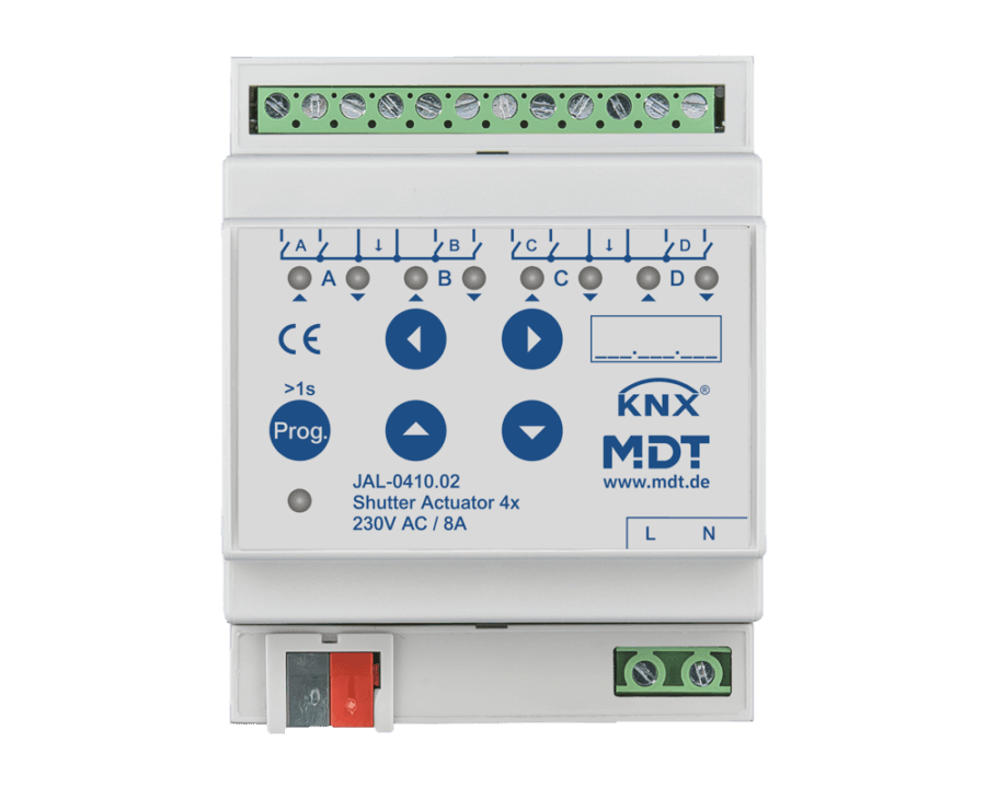 MDT-JAL-0410: KNX Shutter Actuator 4-channel, 4 SU MDRC, 8 A, 230 V AC